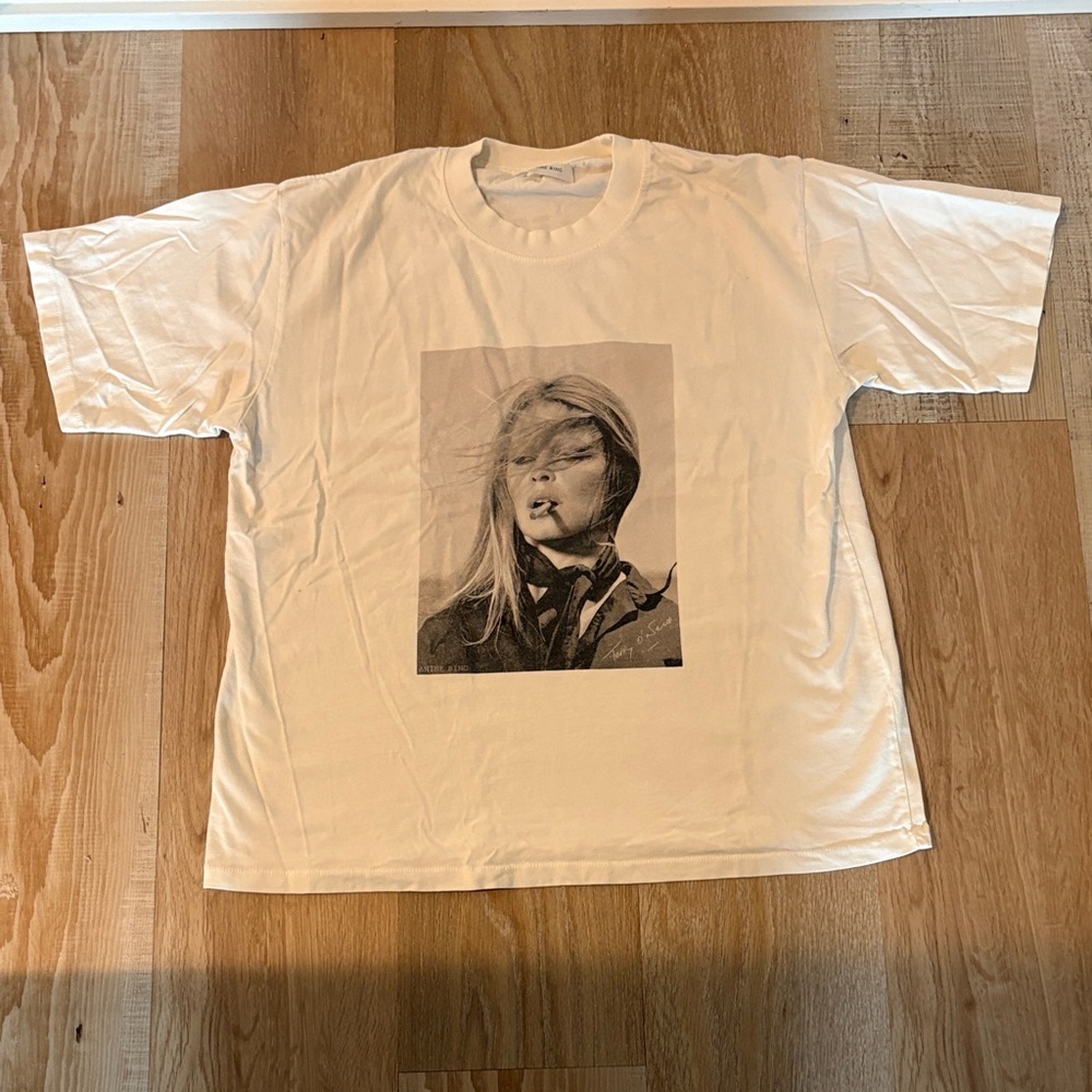 Anine Bing White Graphic Crew Neck T-Shirt with Kate Moss Size Large